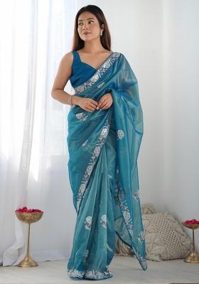 Aqua Blue Gota Patti Organza Saree Set