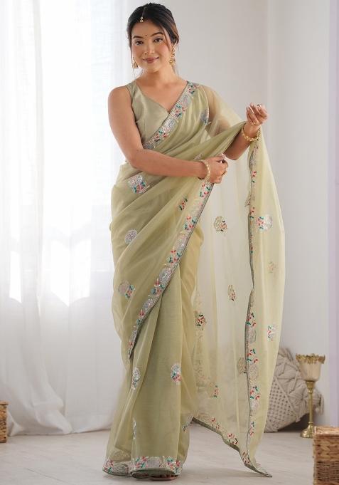 Olive Gota Patti Organza Saree Set