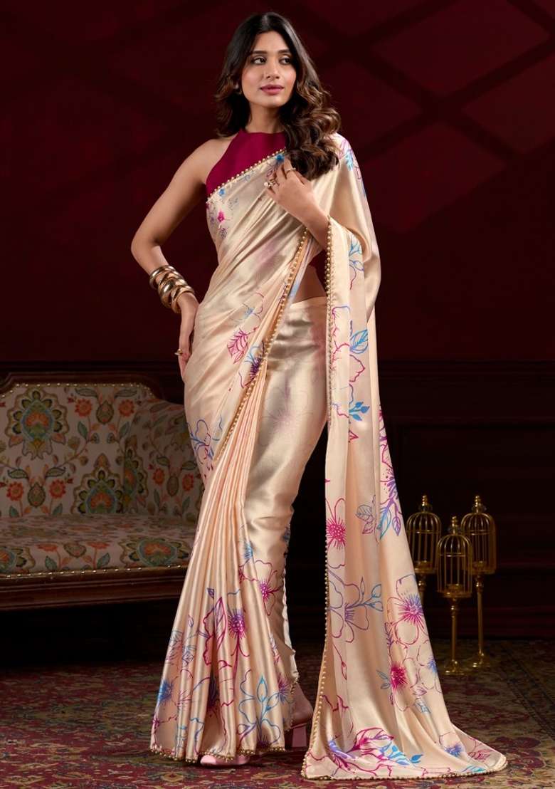 Cream Silk Blend Saree Set with Gota Patti for Diwali | Wedding & Festive Wear - Indya