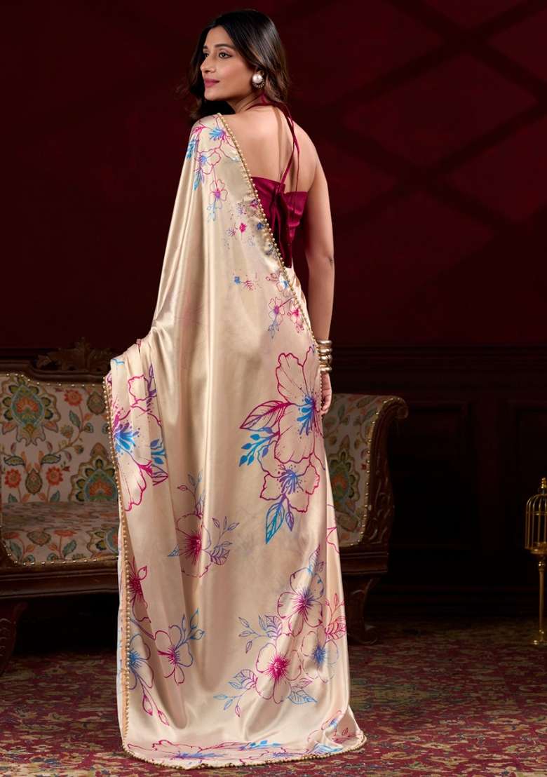Cream Silk Blend Saree Set with Gota Patti for Diwali | Wedding & Festive Wear - Indya