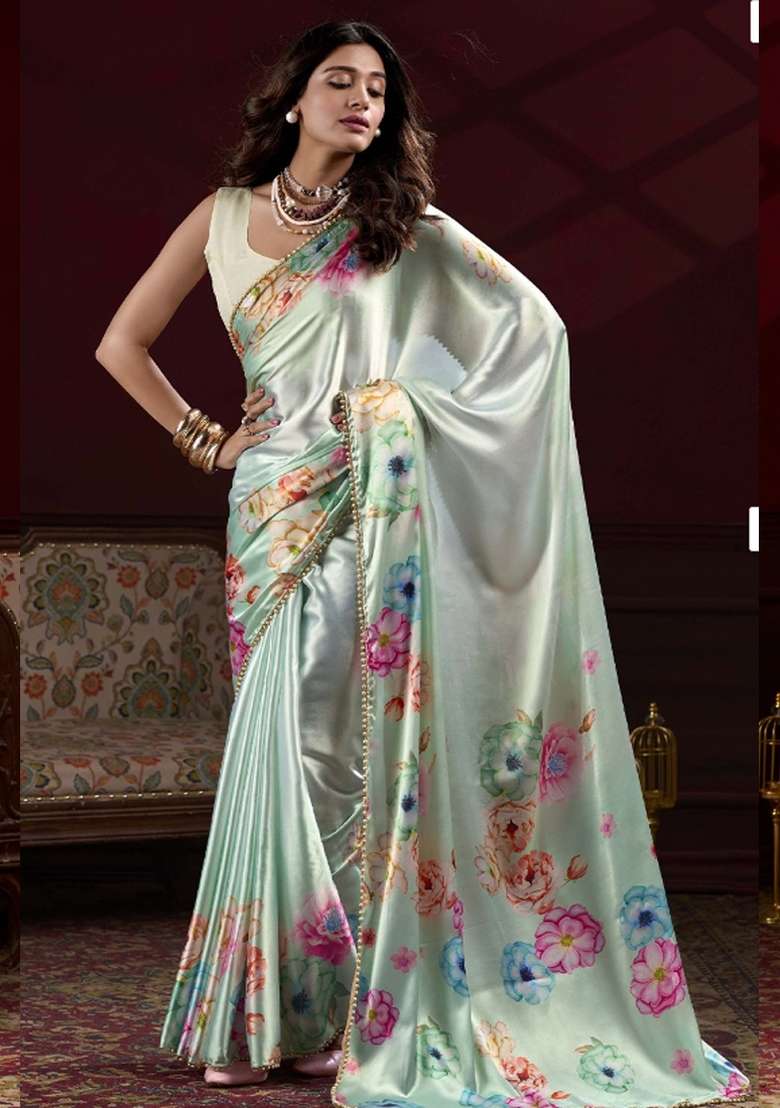 Light Green Silk Blend Saree Set with Gota Patti for Diwali | Wedding & Festive Wear - Indya