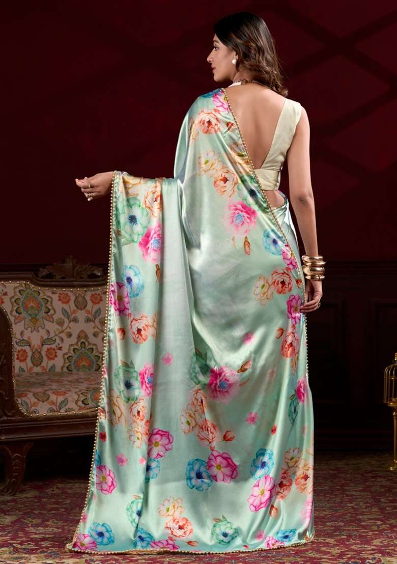 Light Green Silk Blend Saree Set with Gota Patti for Diwali | Wedding & Festive Wear - Indya