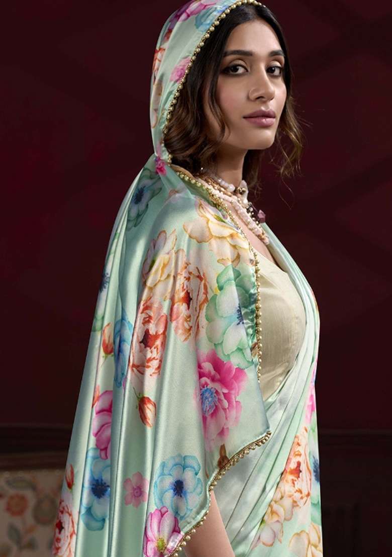Light Green Silk Blend Saree Set with Gota Patti for Diwali | Wedding & Festive Wear - Indya