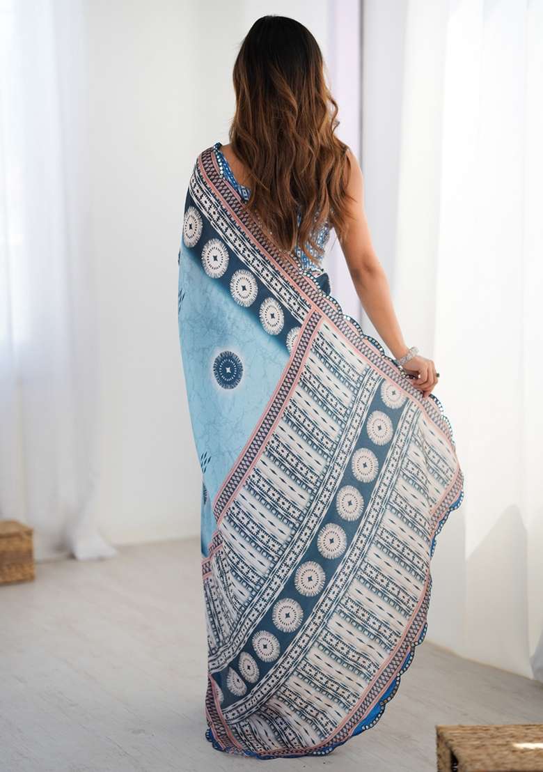 Sky Blue Silk Blend Saree Set with Gota Patti for Diwali | Wedding & Festive Wear - Indya
