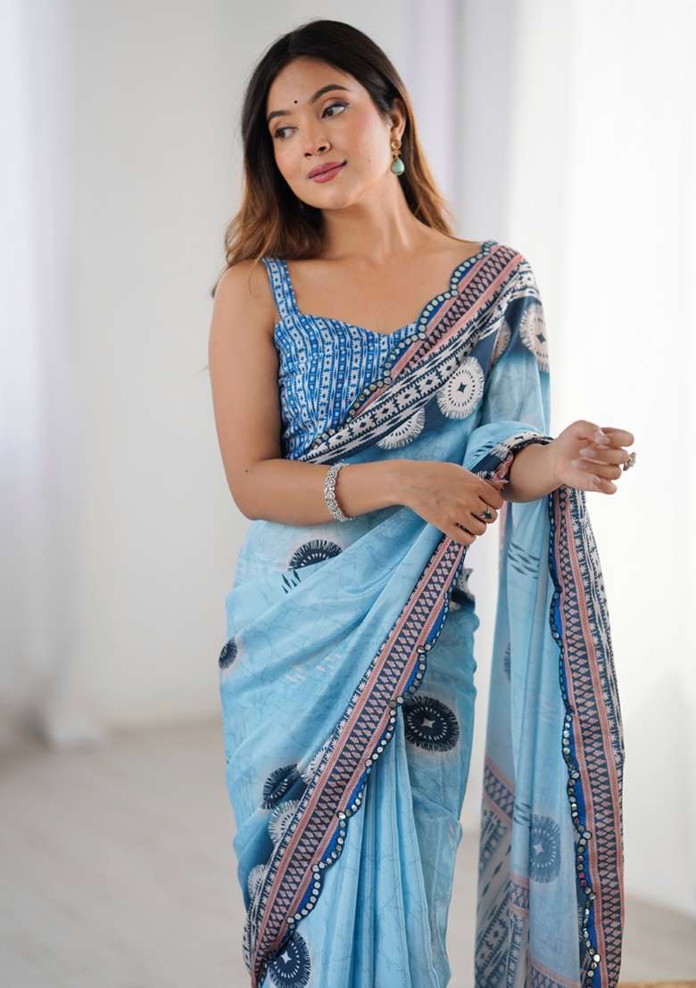 Sky Blue Silk Blend Saree Set with Gota Patti for Diwali | Wedding & Festive Wear - Indya