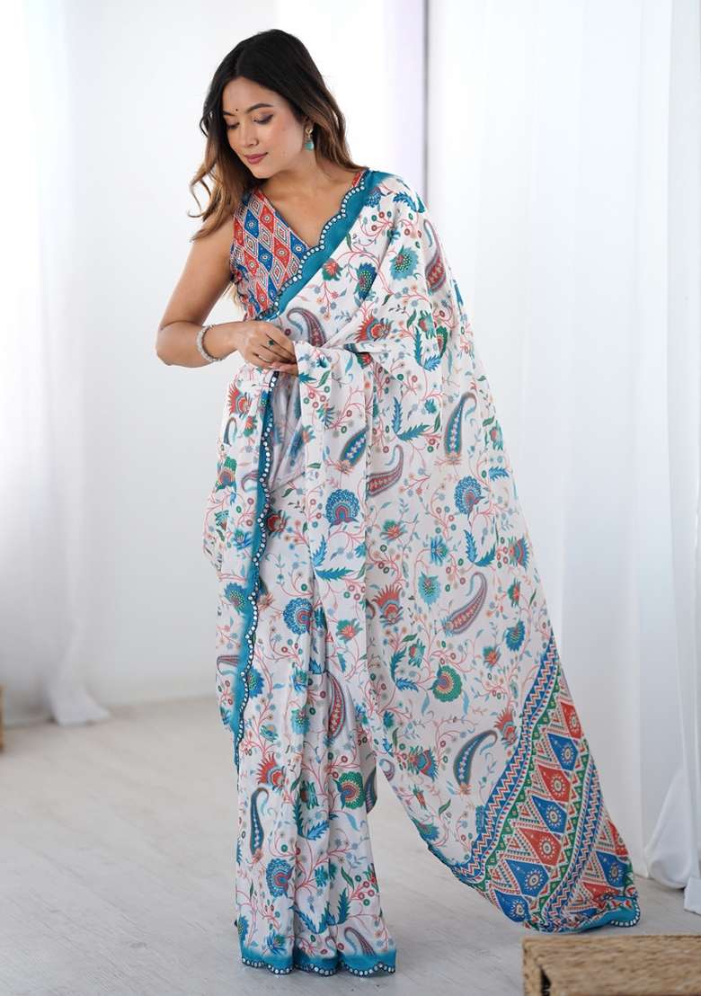 Off White Silk Blend Saree Set with Gota Patti for Diwali | Wedding & Festive Wear - Indya