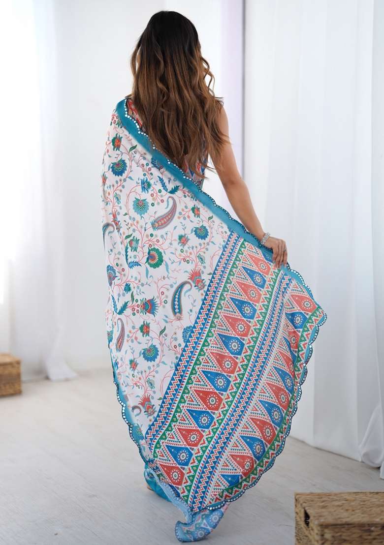 Off White Silk Blend Saree Set with Gota Patti for Diwali | Wedding & Festive Wear - Indya