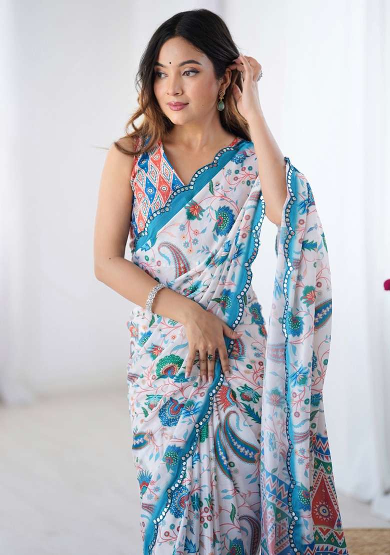 Off White Silk Blend Saree Set with Gota Patti for Diwali | Wedding & Festive Wear - Indya