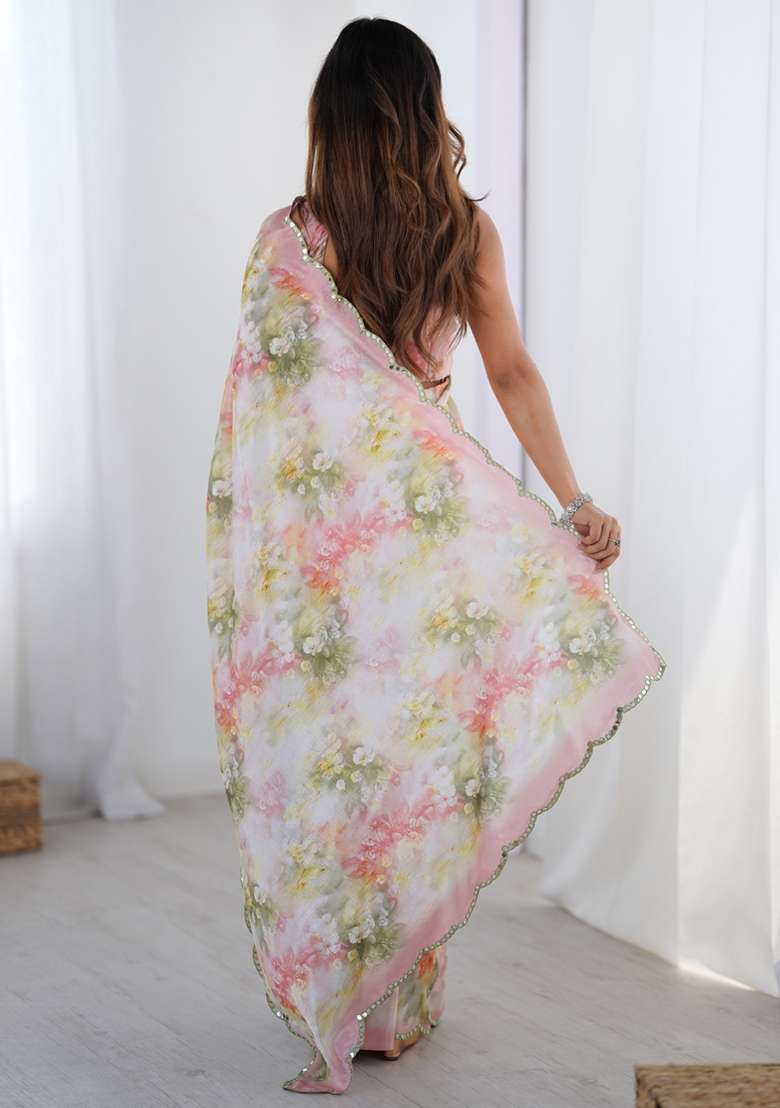 Off White Gota Patti Silk Blend Saree Set for Diwali and Festive Wear - Indya