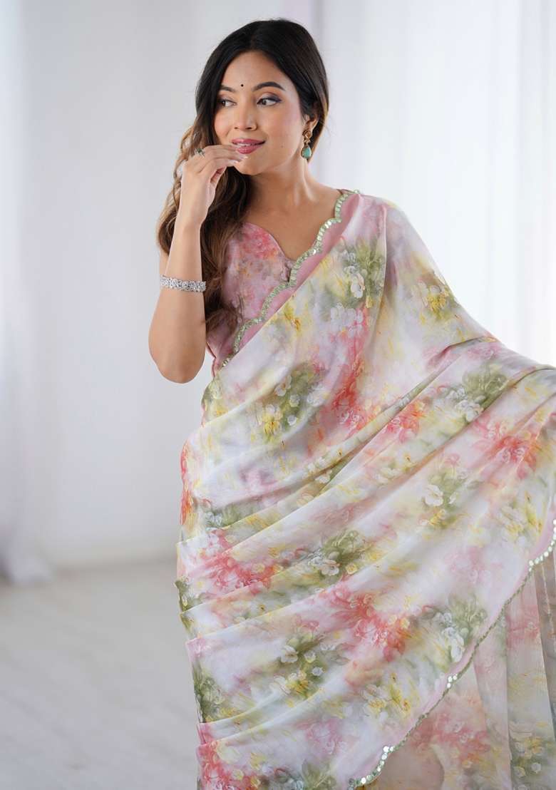 Off White Gota Patti Silk Blend Saree Set for Diwali and Festive Wear - Indya