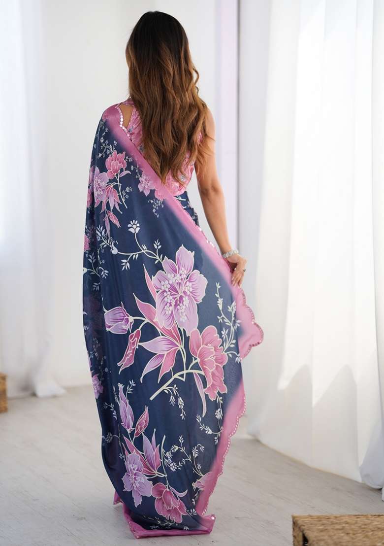 Blue Silk Blend Saree Set with Gota Patti for Diwali | Wedding & Festive Wear - Indya