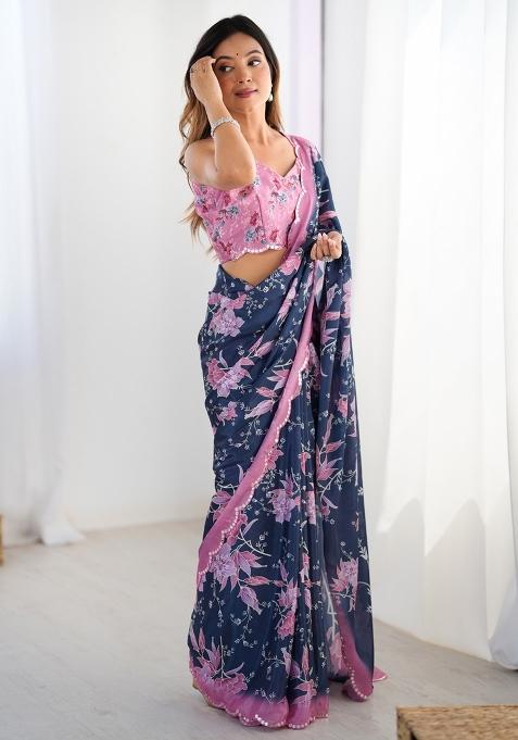 Blue Gota Patti Silk Saree Set