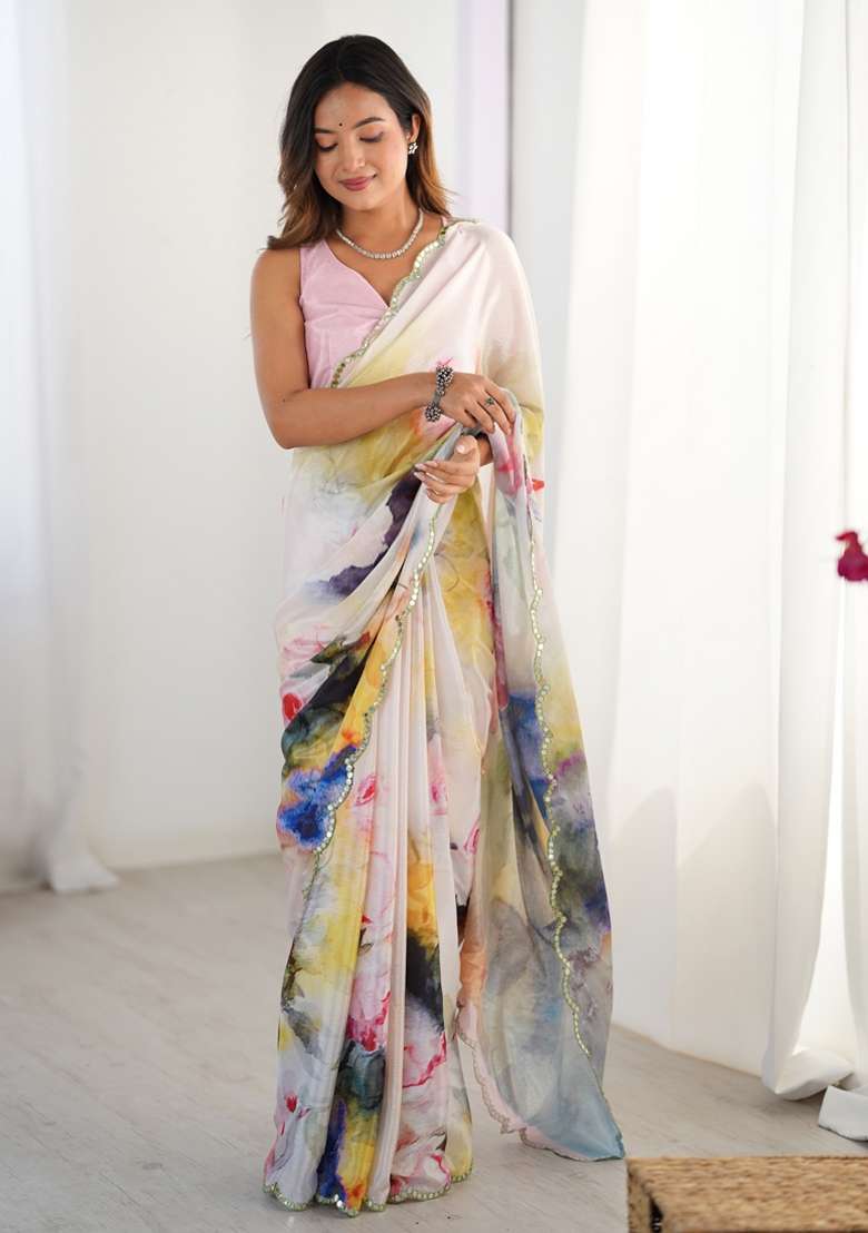 Off White Silk Blend Saree Set with Gota Patti for Diwali | Wedding & Festive Wear - Indya