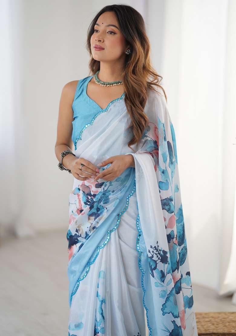 Sky Blue Gota Patti Silk Blend Saree Set for Diwali and Festive Wear - Indya