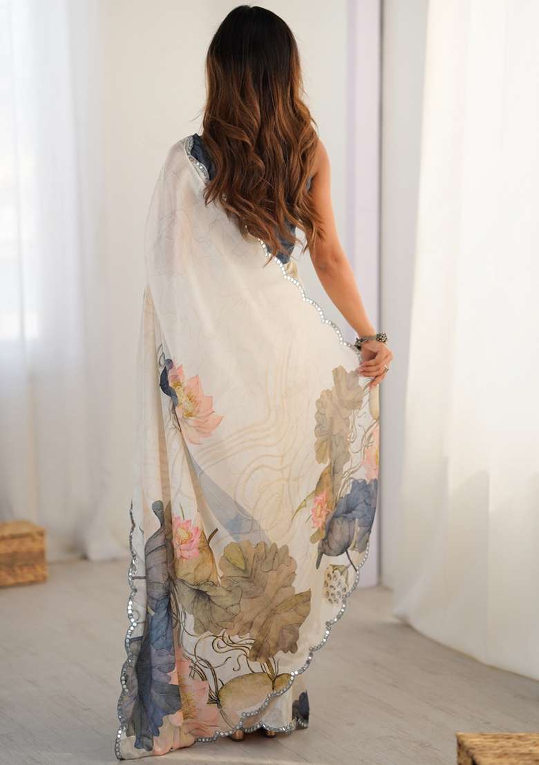 Off White Gota Patti Silk Saree Set - Indya