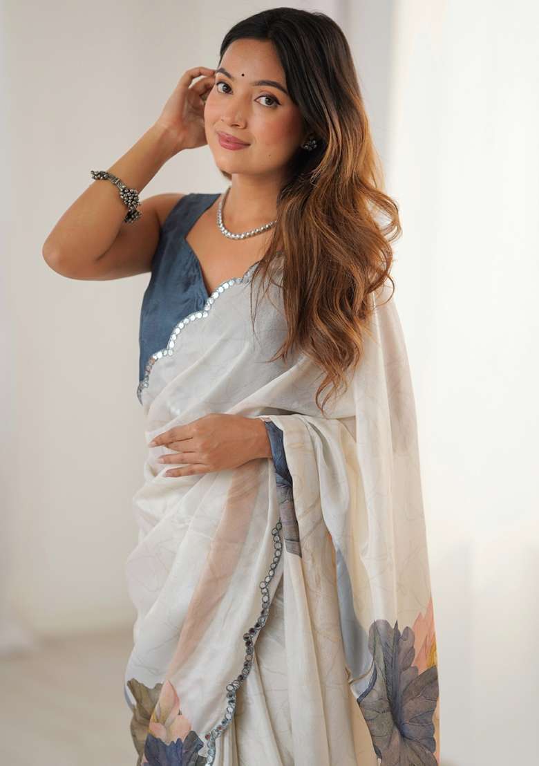Off White Gota Patti Silk Saree Set - Indya