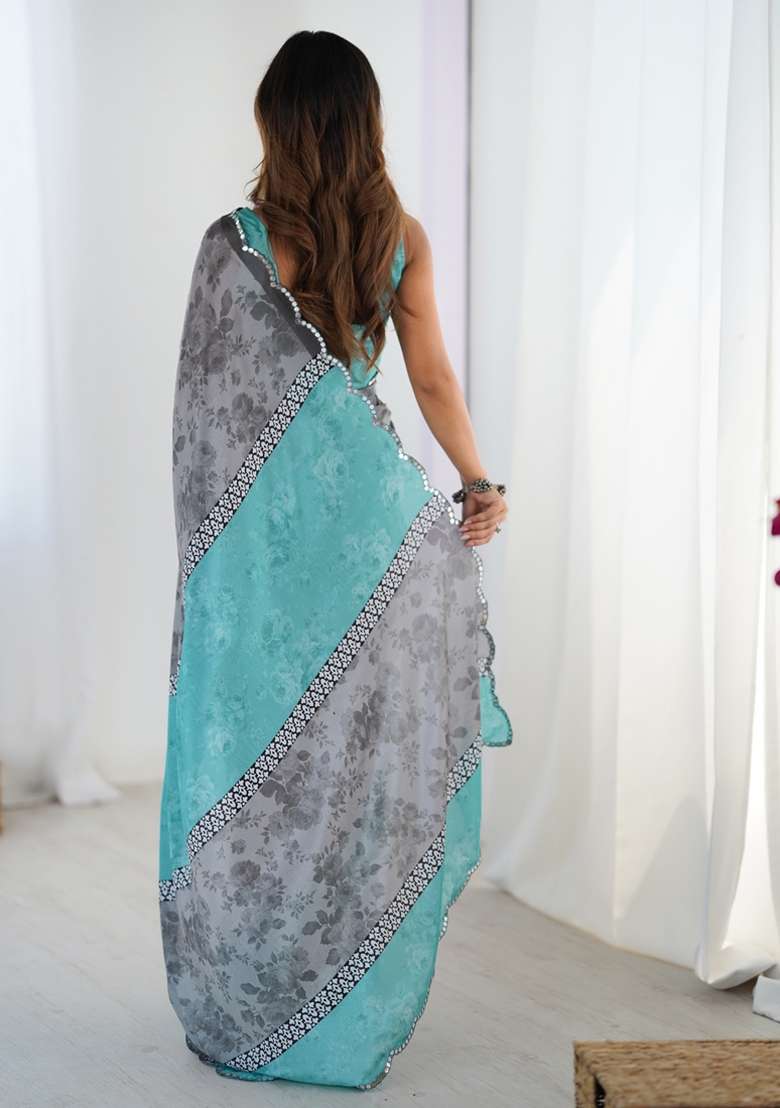 Grey Gota Patti Silk Blend Saree Set for Diwali and Festive Wear - Indya