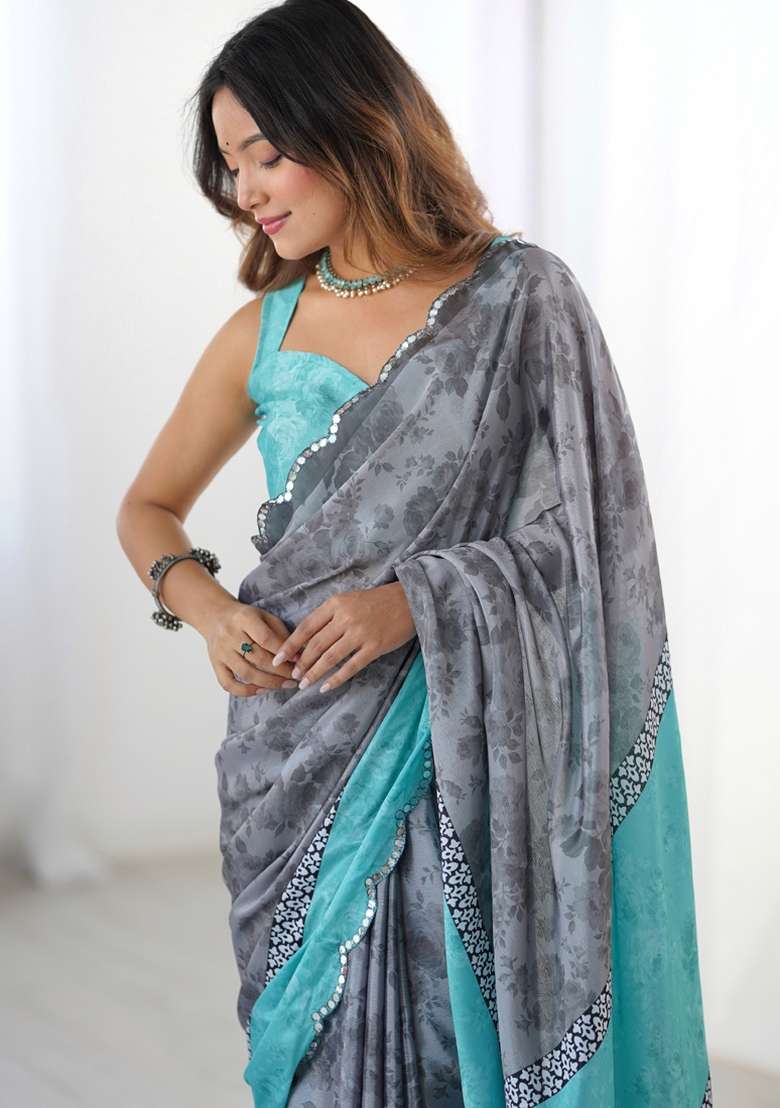 Grey Gota Patti Silk Blend Saree Set for Diwali and Festive Wear - Indya