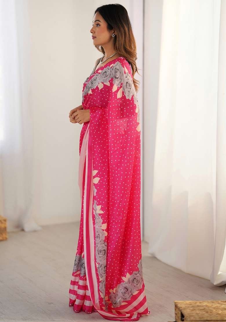 Pink Silk Blend Saree Set with Gota Patti for Diwali | Wedding & Festive Wear - Indya