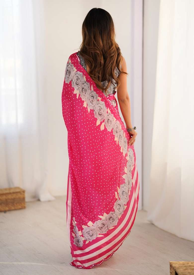 Pink Silk Blend Saree Set with Gota Patti for Diwali | Wedding & Festive Wear - Indya