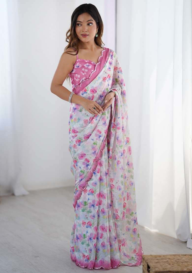 Off White Silk Blend Saree Set with Gota Patti for Diwali | Wedding & Festive Wear - Indya