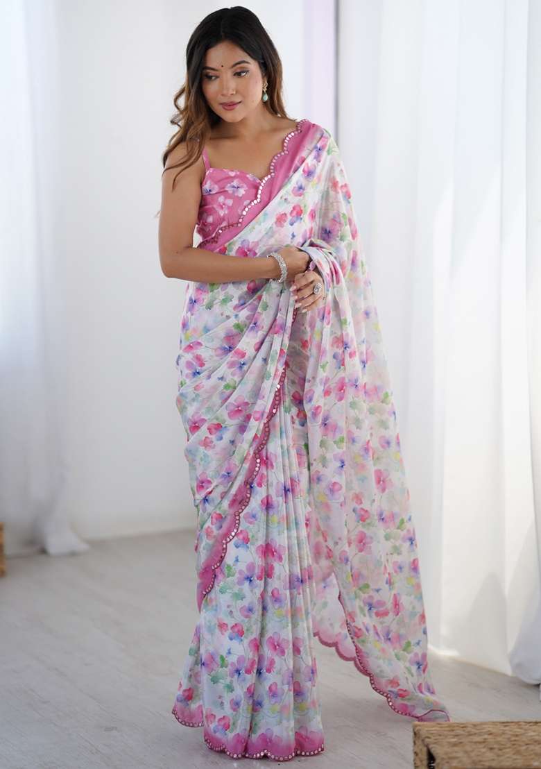 Off White Silk Blend Saree Set with Gota Patti for Diwali | Wedding & Festive Wear - Indya