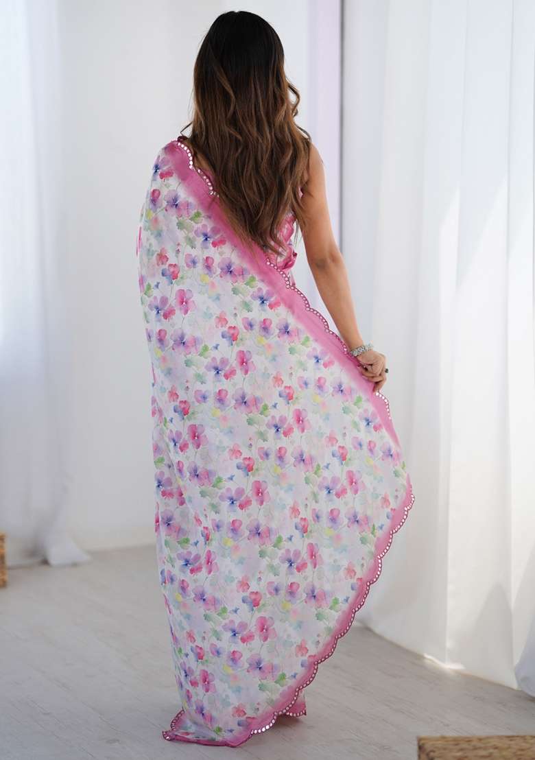 Off White Silk Blend Saree Set with Gota Patti for Diwali | Wedding & Festive Wear - Indya