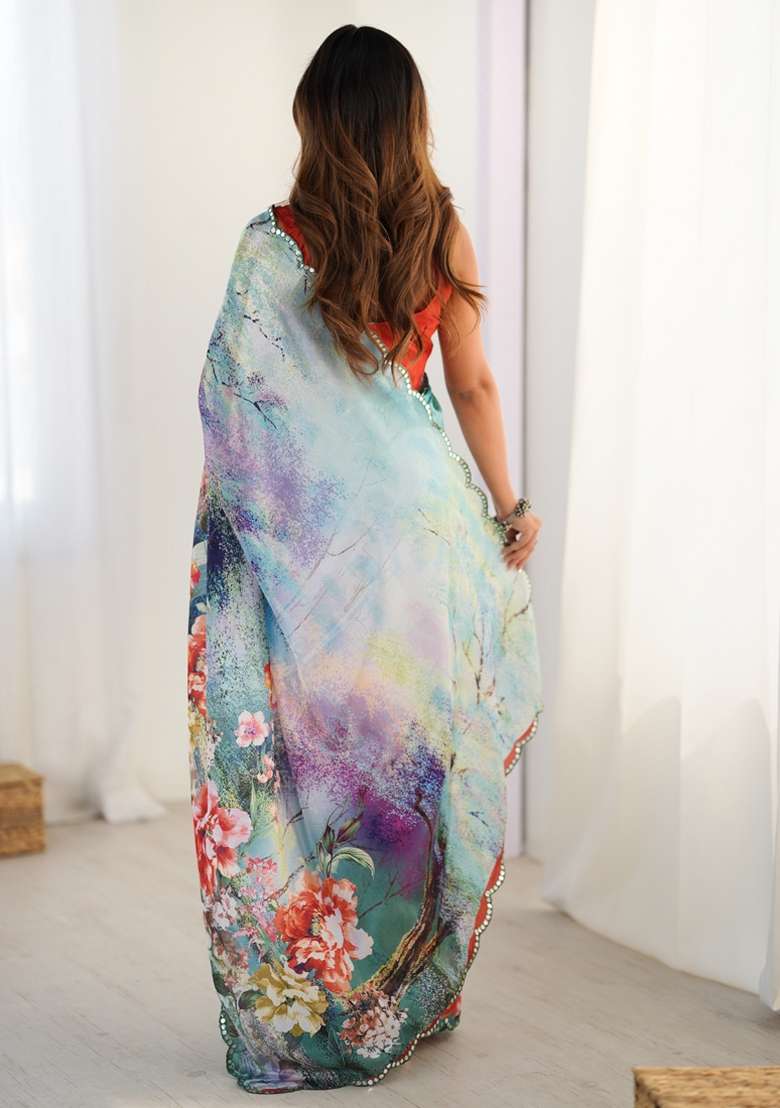 Multicolor Silk Blend Saree Set with Gota Patti for Diwali | Wedding & Festive Wear - Indya