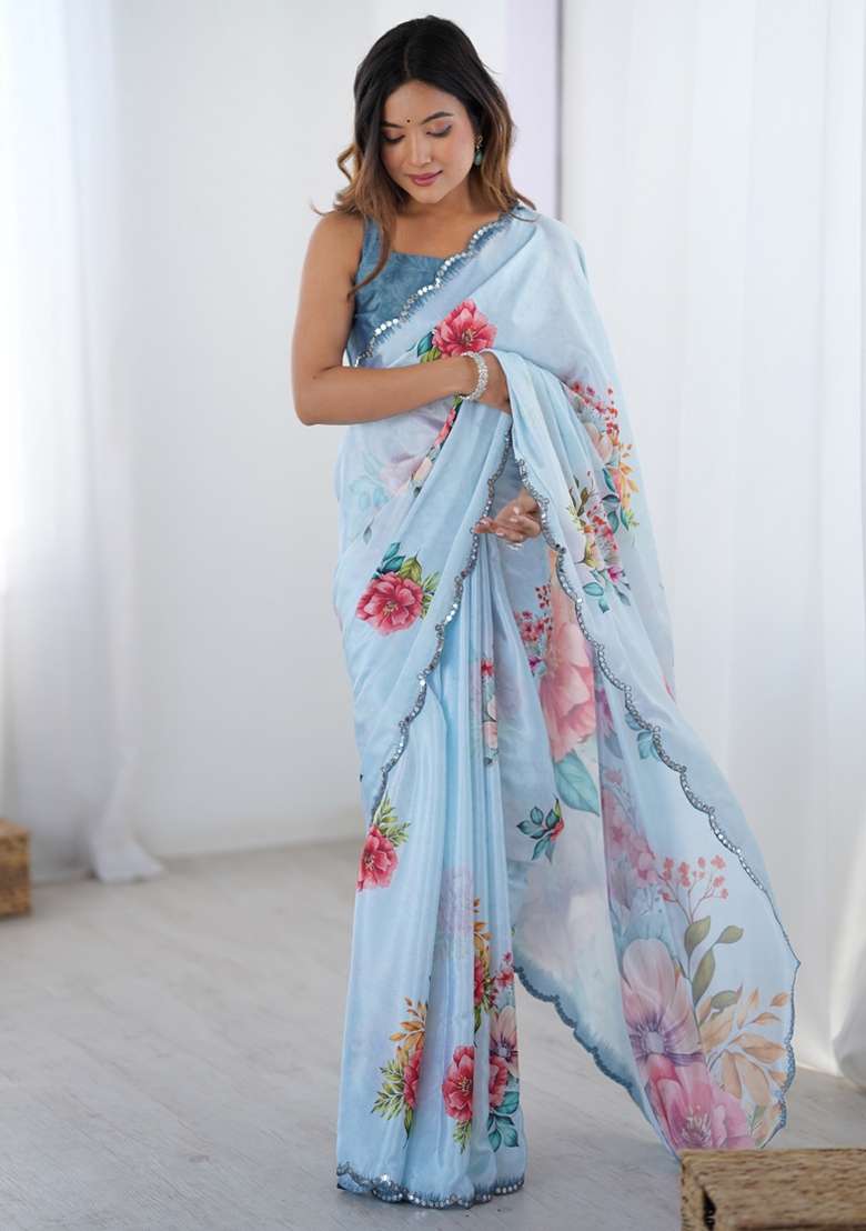Sky Blue Gota Patti Silk Blend Saree Set for Diwali and Festive Wear - Indya
