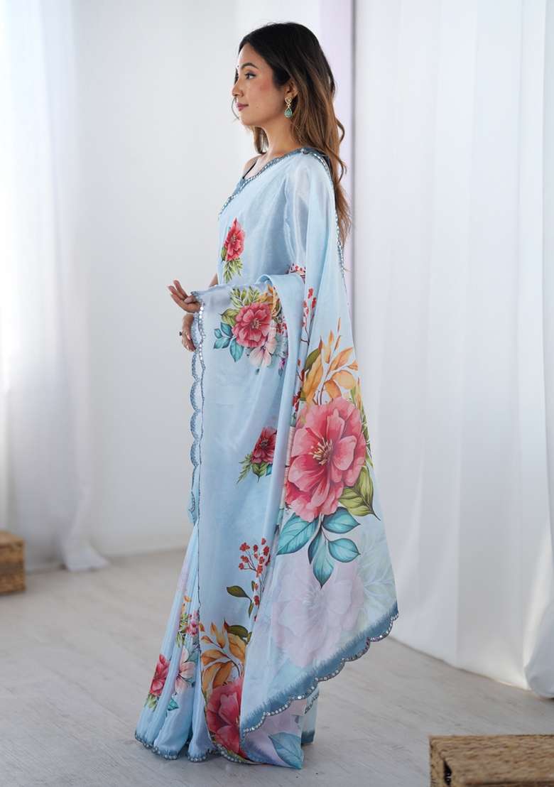 Sky Blue Gota Patti Silk Blend Saree Set for Diwali and Festive Wear - Indya