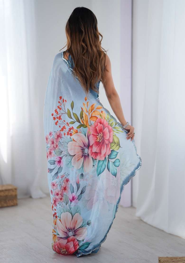 Sky Blue Gota Patti Silk Blend Saree Set for Diwali and Festive Wear - Indya