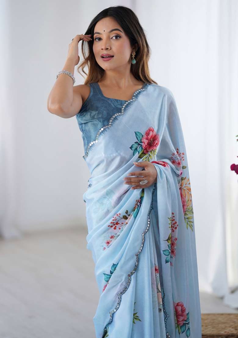 Sky Blue Gota Patti Silk Blend Saree Set for Diwali and Festive Wear - Indya