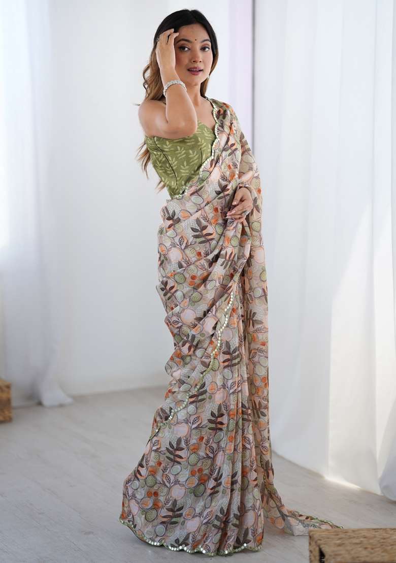 Multicolor Silk Blend Saree Set with Gota Patti for Diwali | Wedding & Festive Wear - Indya