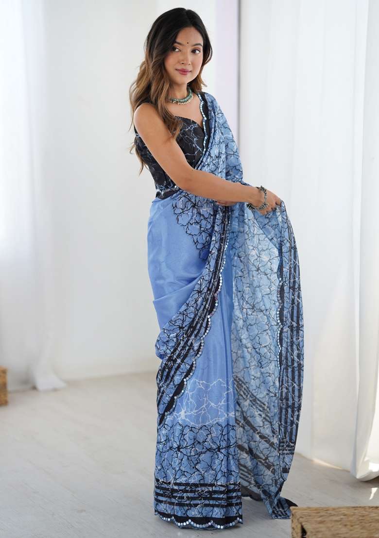 Blue Gota Patti Silk Blend Saree Set for Diwali and Festive Wear - Indya