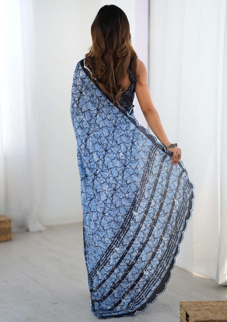 Blue Gota Patti Silk Blend Saree Set for Diwali and Festive Wear - Indya