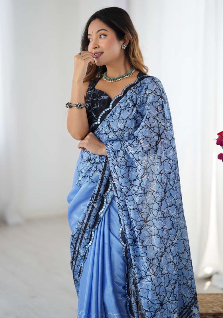 Blue Gota Patti Silk Blend Saree Set for Diwali and Festive Wear - Indya