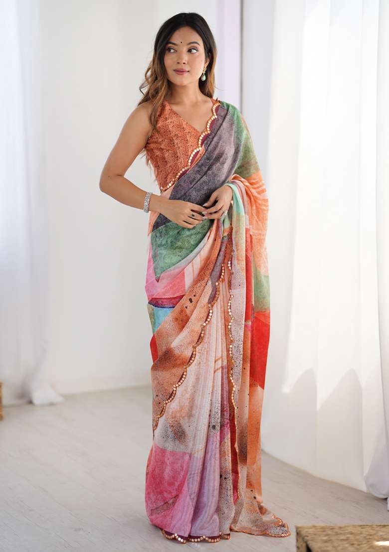 Multicolor Silk Blend Saree Set with Gota Patti for Diwali | Wedding & Festive Wear - Indya