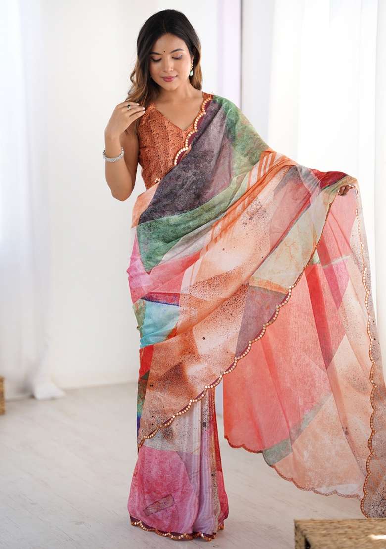 Multicolor Silk Blend Saree Set with Gota Patti for Diwali | Wedding & Festive Wear - Indya