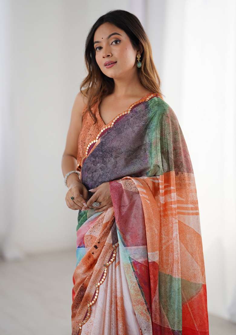 Multicolor Silk Blend Saree Set with Gota Patti for Diwali | Wedding & Festive Wear - Indya