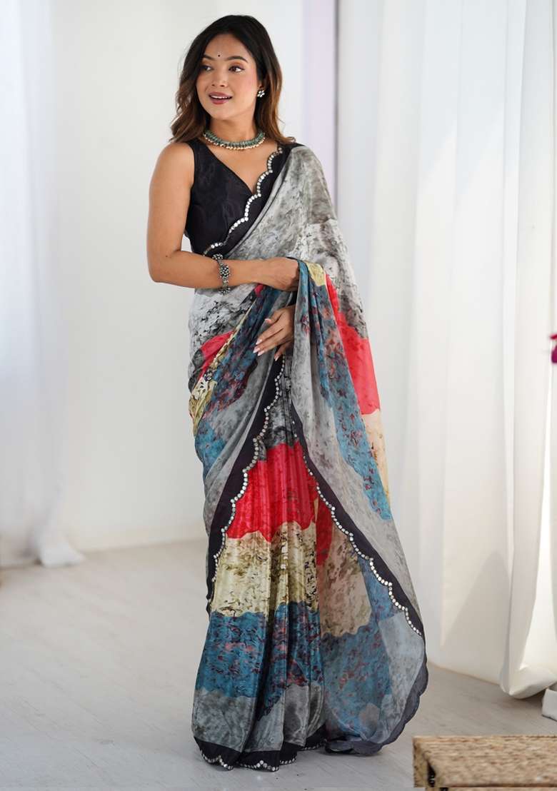 Multicolor Gota Patti Silk Blend Saree Set for Diwali and Festive Wear - Indya