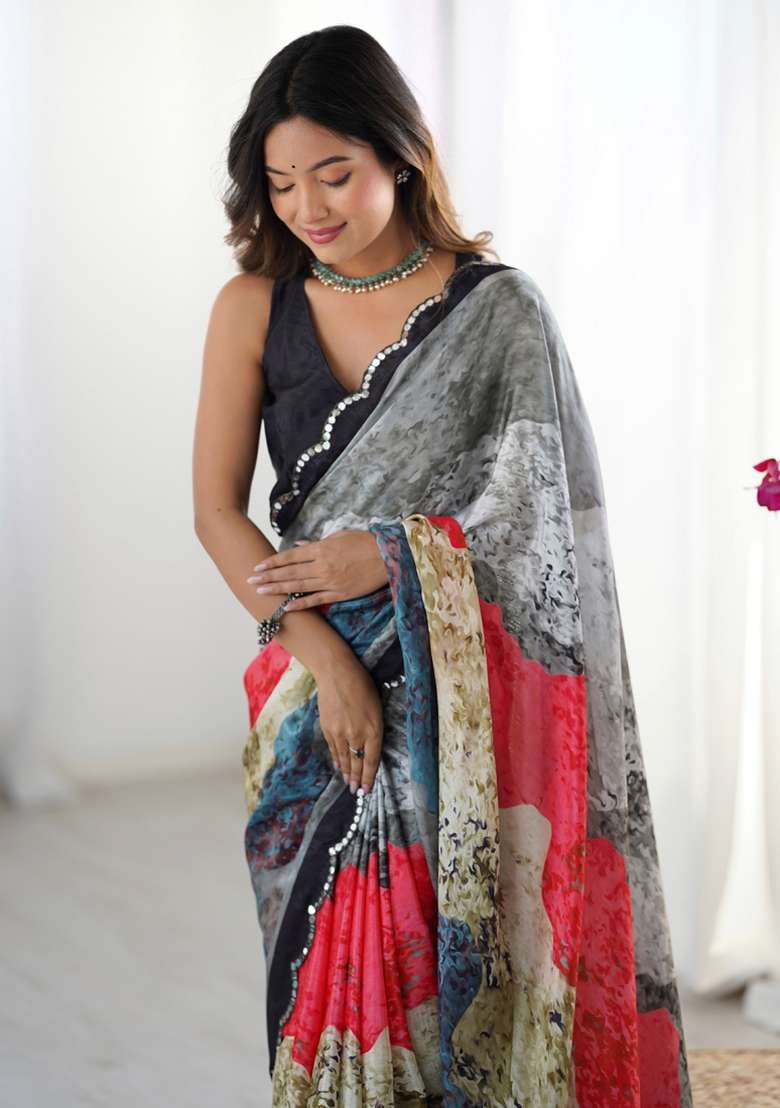 Multicolor Gota Patti Silk Blend Saree Set for Diwali and Festive Wear - Indya