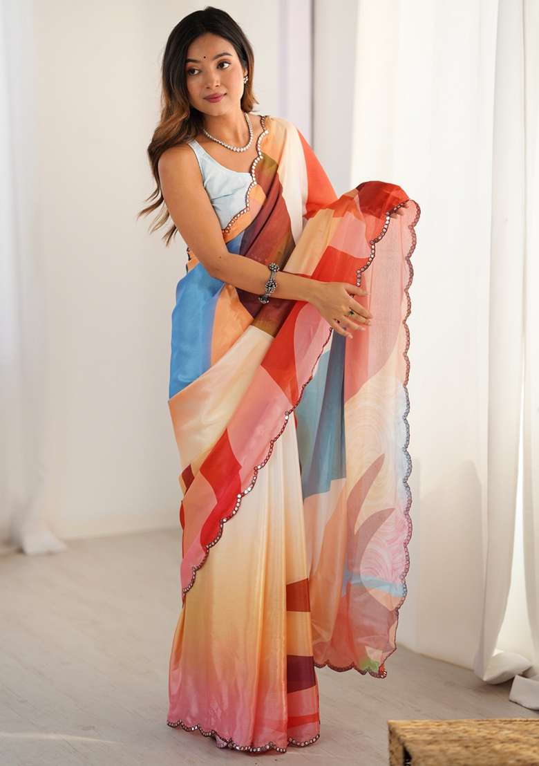 Multicolor Gota Patti Silk Blend Saree Set for Diwali and Festive Wear - Indya