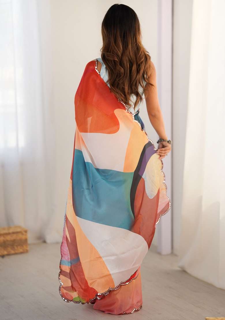 Multicolor Gota Patti Silk Blend Saree Set for Diwali and Festive Wear - Indya