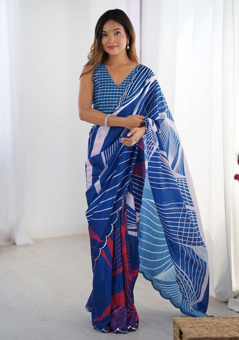 Blue Gota Patti Silk Blend Saree Set for Diwali and Festive Wear - Indya