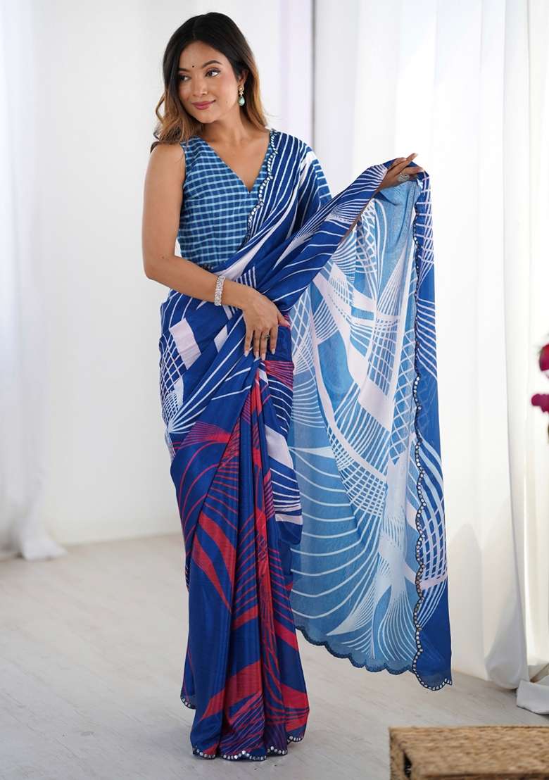Blue Gota Patti Silk Blend Saree Set for Diwali and Festive Wear - Indya