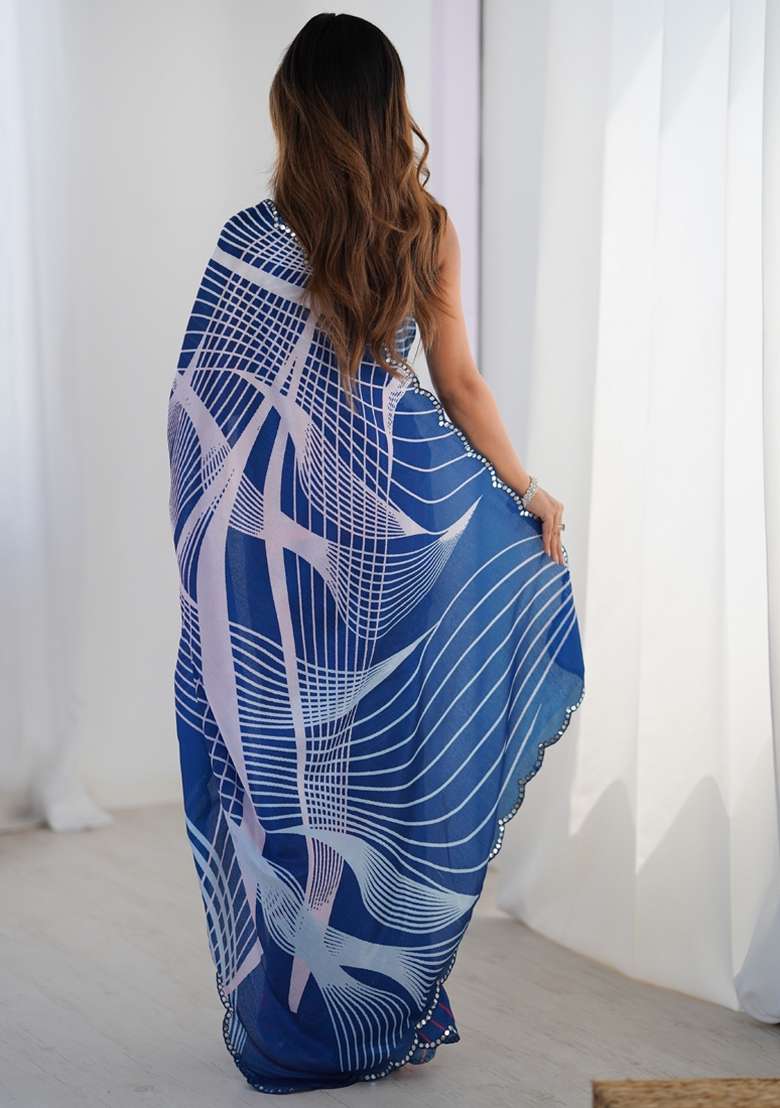 Blue Gota Patti Silk Blend Saree Set for Diwali and Festive Wear - Indya