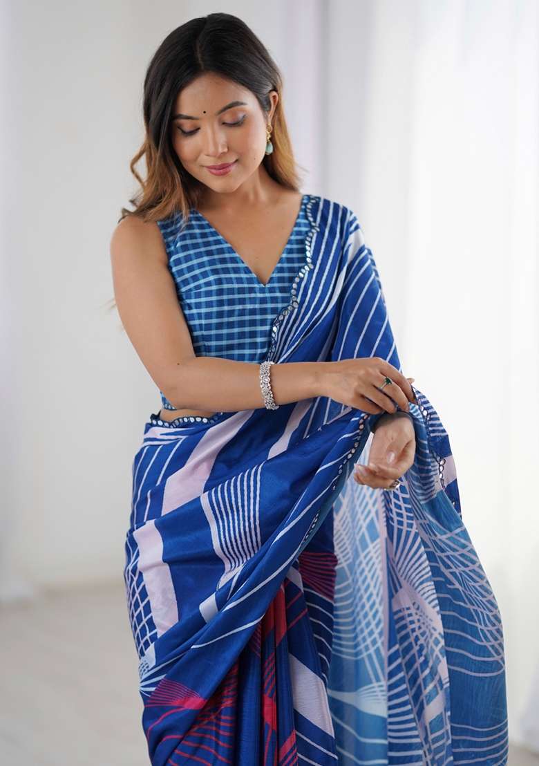 Blue Gota Patti Silk Blend Saree Set for Diwali and Festive Wear - Indya