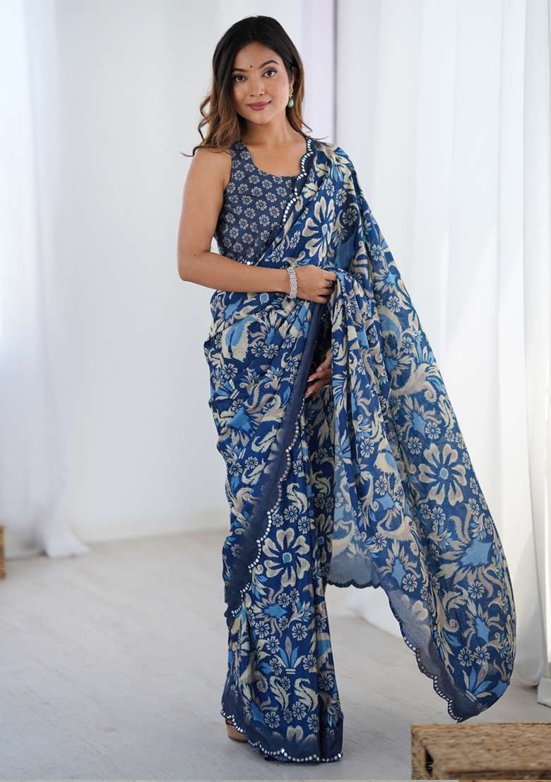 Blue Gota Patti Silk Blend Saree Set for Diwali and Festive Wear - Indya