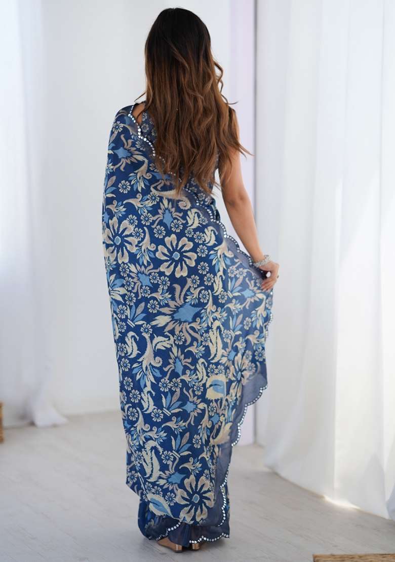 Blue Gota Patti Silk Blend Saree Set for Diwali and Festive Wear - Indya