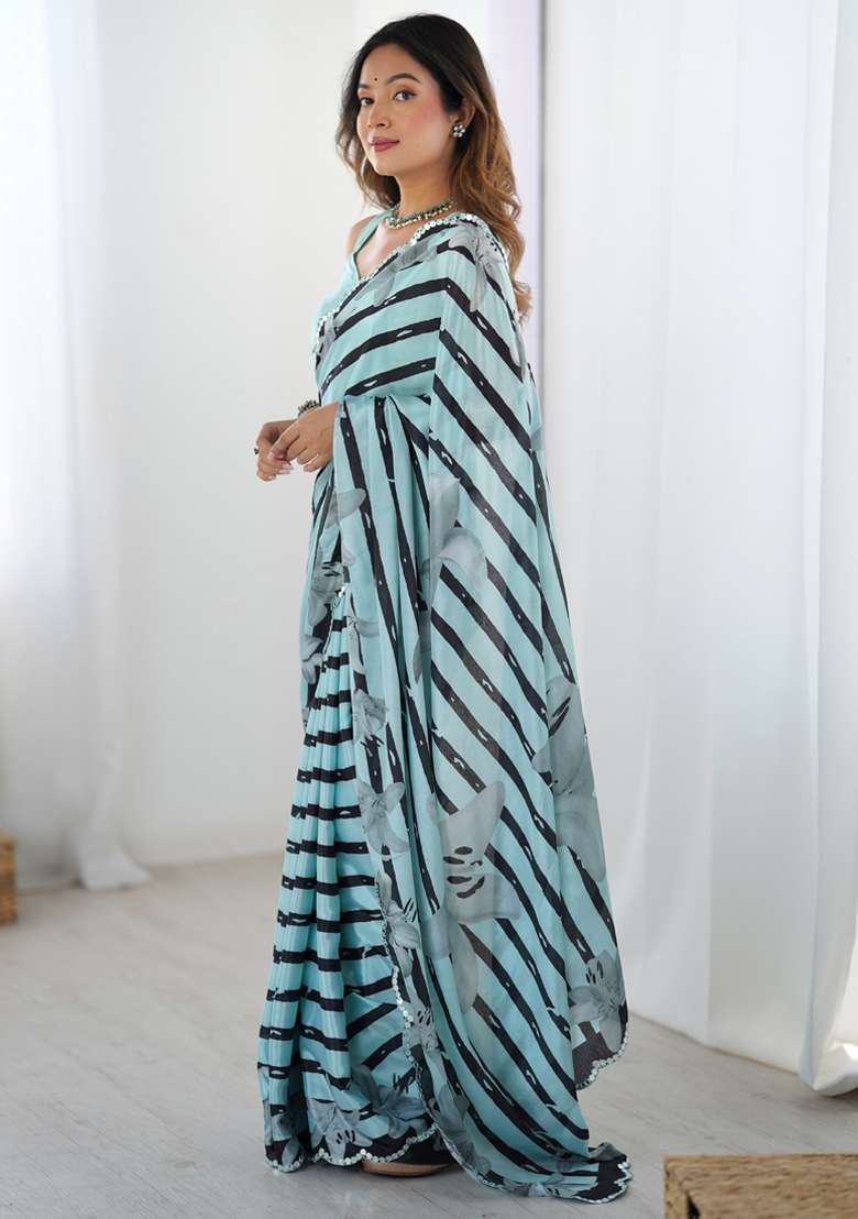 Sky Blue Gota Patti Silk Blend Saree Set for Diwali and Festive Wear - Indya